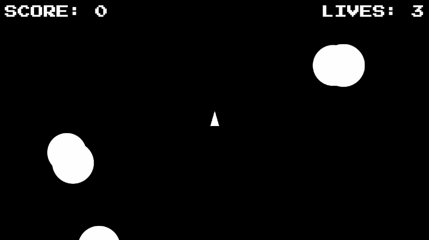 Animated gif of asteroids game with score and lives displayed as ui elements