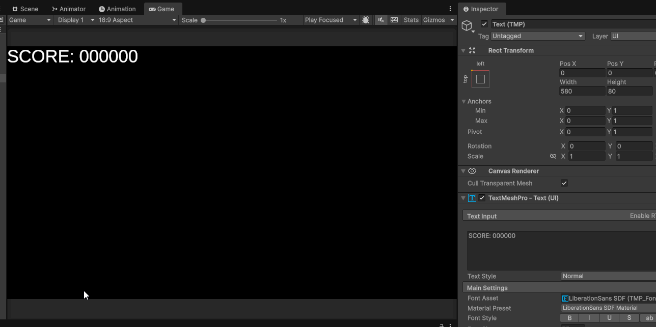 Animated image of changing the position of the text object to be 30 pixels from the corner of the screen