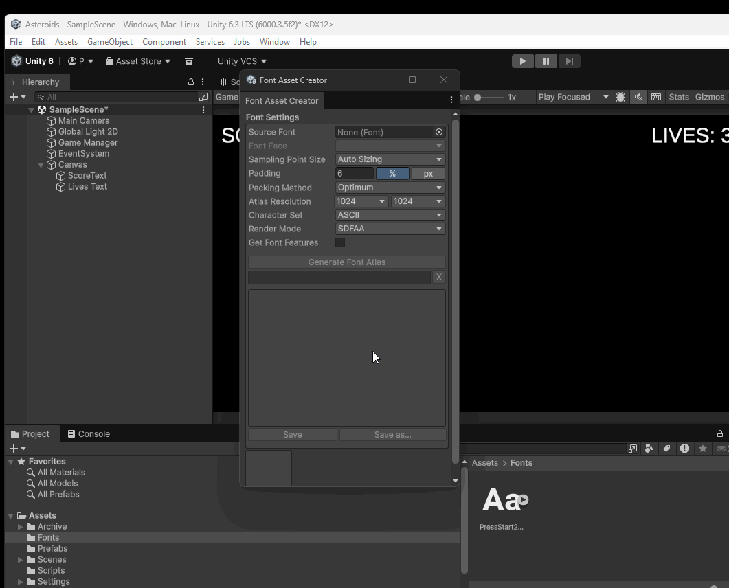 Animated Gif of creating a Font Asset