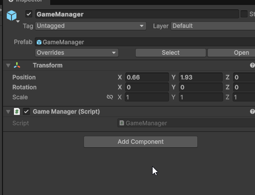 Animated image of Applying all overrides to our Game Manager prefab