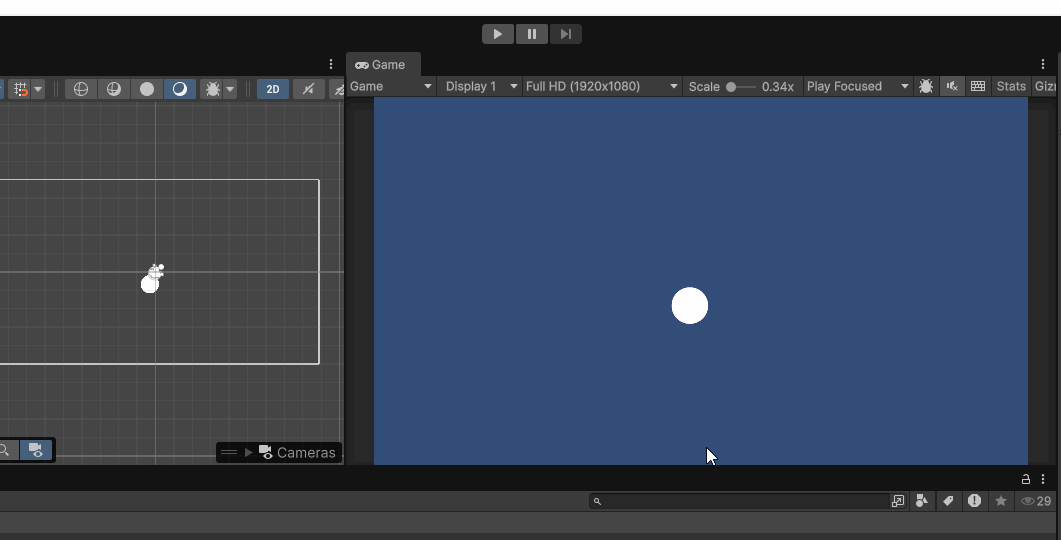Gif recording showing the Unity Editor with a user demonstrating the functionality of the play, stop and pause buttons