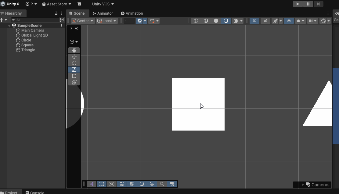 Gif recording showing the Unity Editor scene view with a user scaling a square