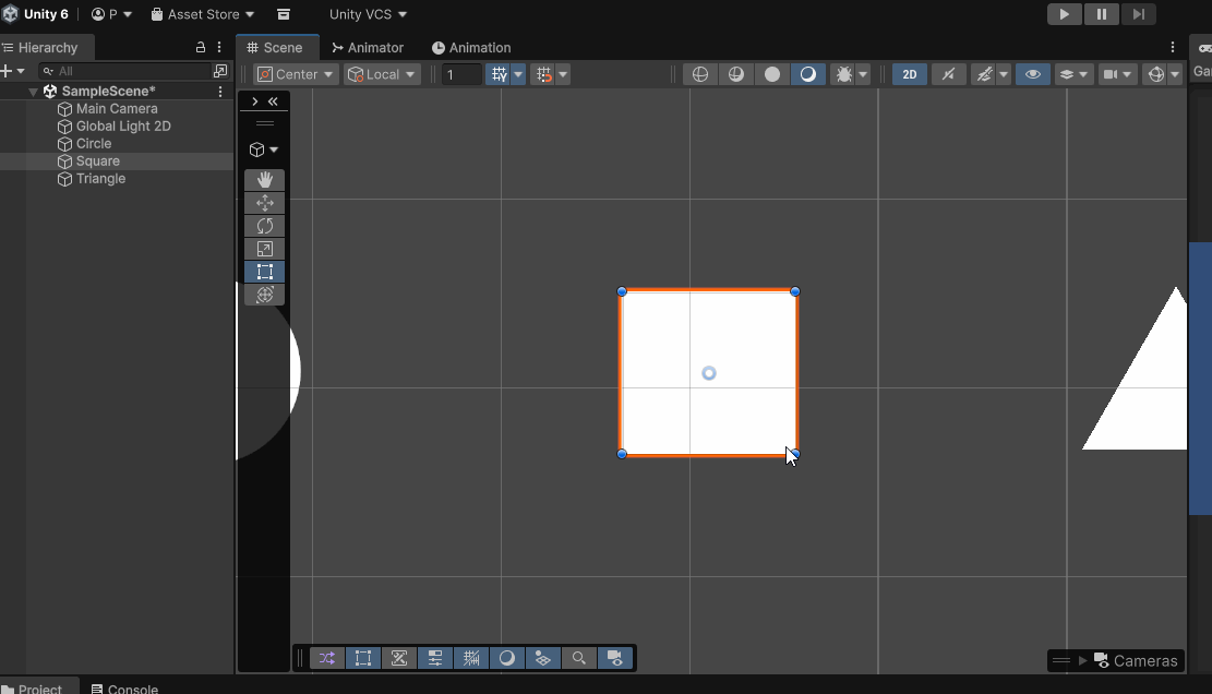 Gif recording showing the Unity Editor scene view with a user using the rect tool to manipulate a square