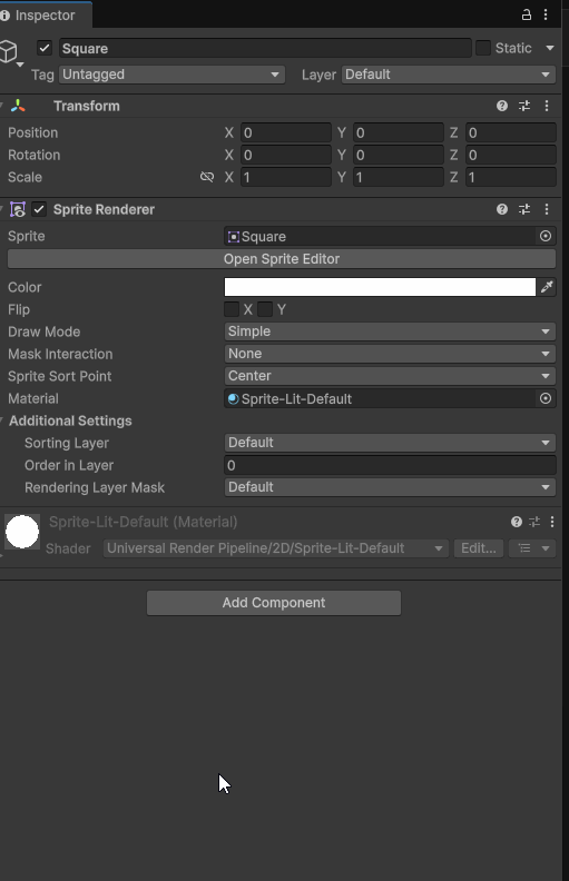 Gif recording of adding a rigidbody 2d component to a game object