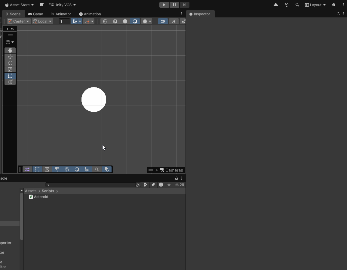 Gif recording of adding an Asteroid script to a unity game object