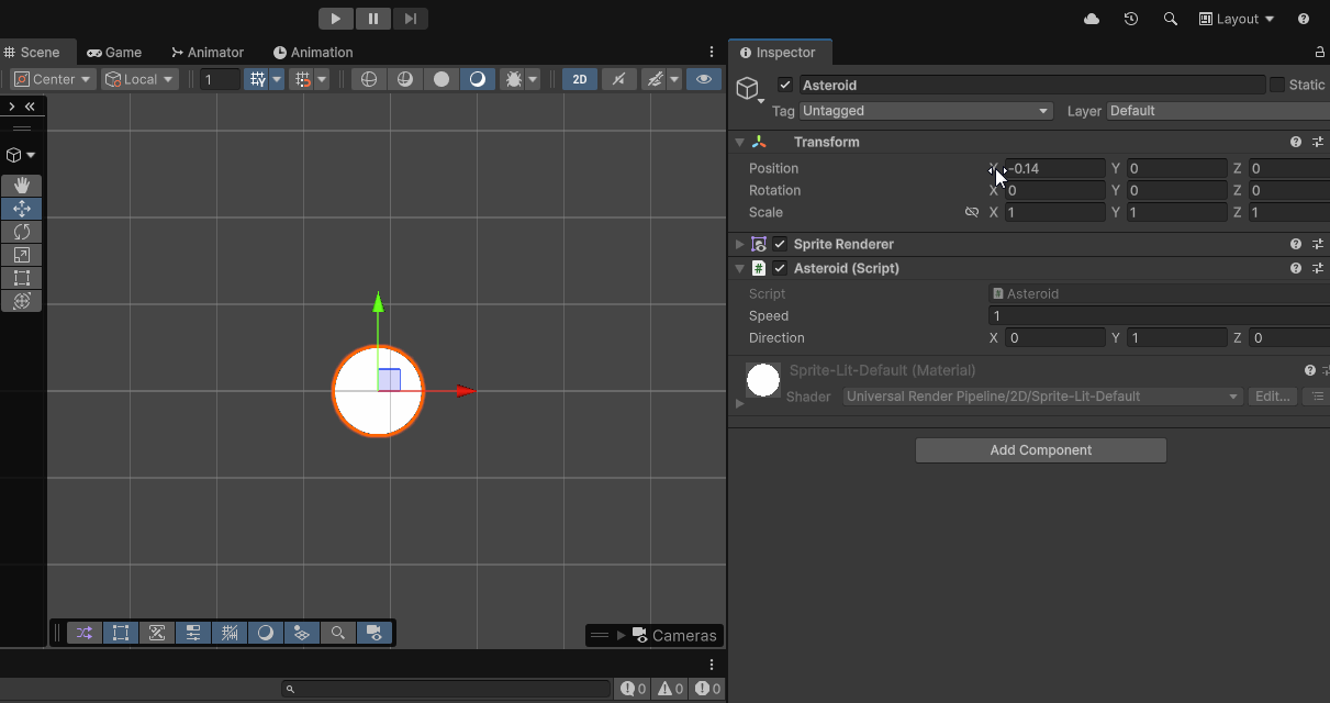 Gif recording of a user changing the x value of a circle to move it across the scene view in the unity editor