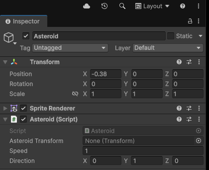 Gif recording of a user dragging a transform component into a variable slot within the unity editor