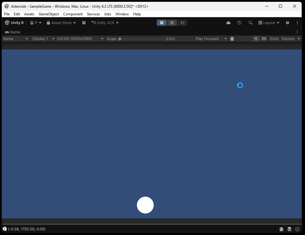Gif recording of playing the unity editor with the above code showing that the circle moves way too fast on the screen
