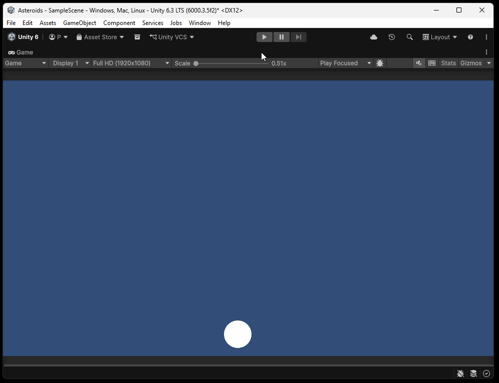 Gif recording of asteroid circle moving one unity per second after adjusting with Time.deltaTime value