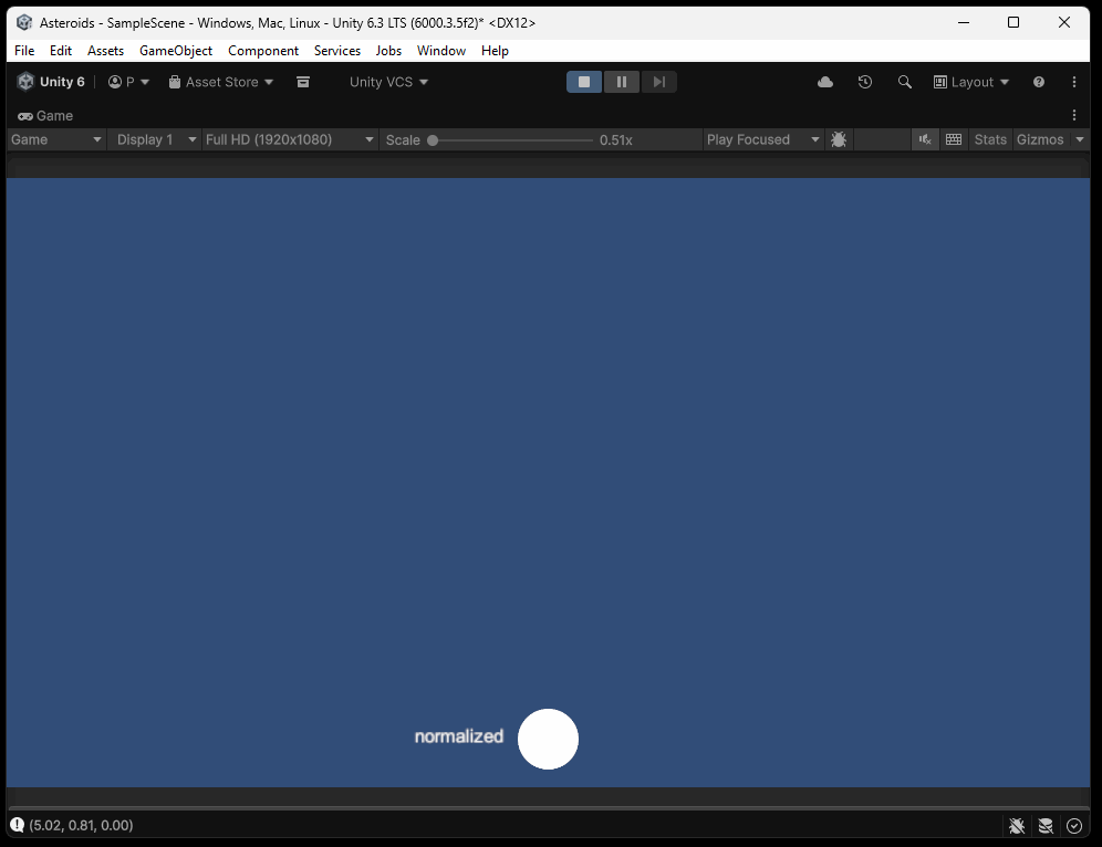 Gif recording showing two asteroids moving at different speeds with the slower circle labeled "normalized"