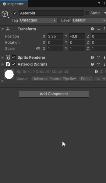 Animated gif of a screen recording of unity in which a user is adding a rigidbody2d component to a game object named asteroid