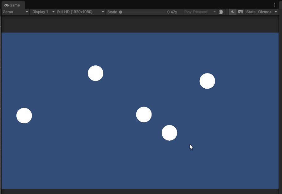 Animate gif showing 5 white circles moving in different directions at different speeds as a result of assigned a different direction and speed value to each asteroid