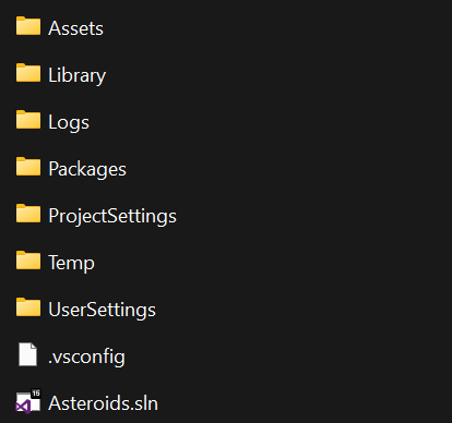Screen shot of windows file explorer showing the contents of a unity project