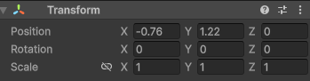 screen shot of the Unity Editor interface showing the values on the transform component of a game object has changed