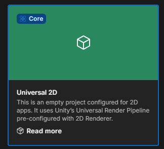 Screen shot showing the Universal 2D render pipeline selected within Unity hub