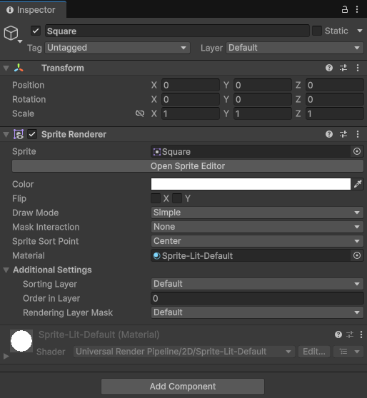 screen shot of unity editor showing the components for a basic square game object