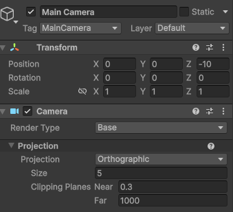screen shot show the size of the orthographic camera in the unity editor equal to 5