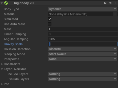 Screen shot of the unity user interface showing that the gravity scale of a rigidbody2d component is set to 0