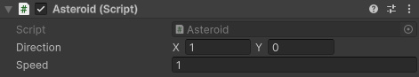 Screen shot showing an asteroid component within the unity interface. the properties direction and speed are exposed