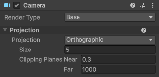 Screenshot showing the camera component and projection properties. orthographic is selected and the size of the camera is 5