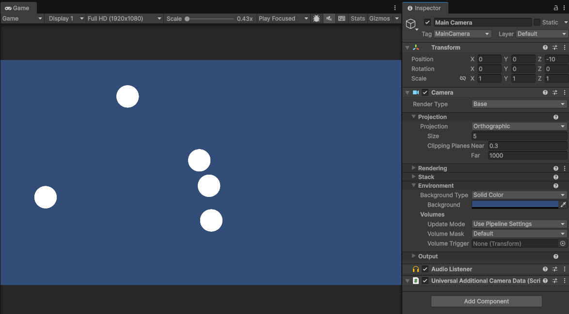 Screen shot of the unity interface showing the game view with a camera of size 5