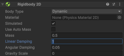 screen shot showing the linear damping of rigid body 2d set to a value of 1