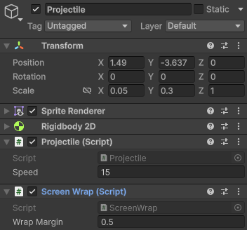 Screen shot of the unity interface showing the projectile game object in the inspector