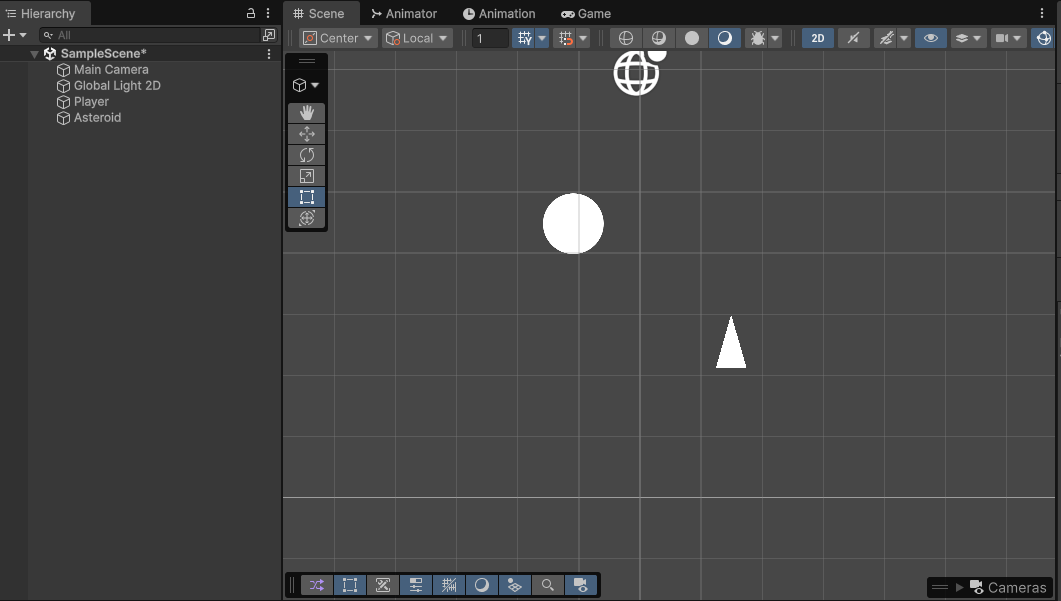 Screenshot of unity game engine showing one asteroid and one player game object in the scene