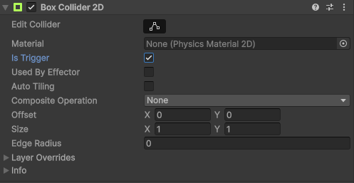Screen shot showing a box collider 2d component with the is Trigger property checked on