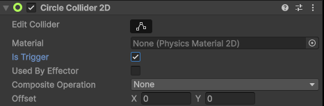 Screenshot of unity showing the Is Trigger checkbox checked on for a circle collider 2d component