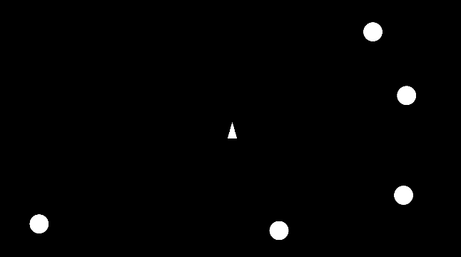 Unity game screen shot of a spacecraft and five asteroids