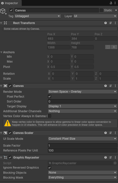 Screen shot of a canvas game object shown in the Unity inspector