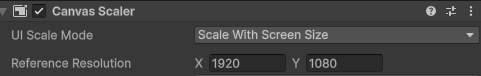 Image of UI showing a canvas scaler component with a UI scale mode set to scale with screen size