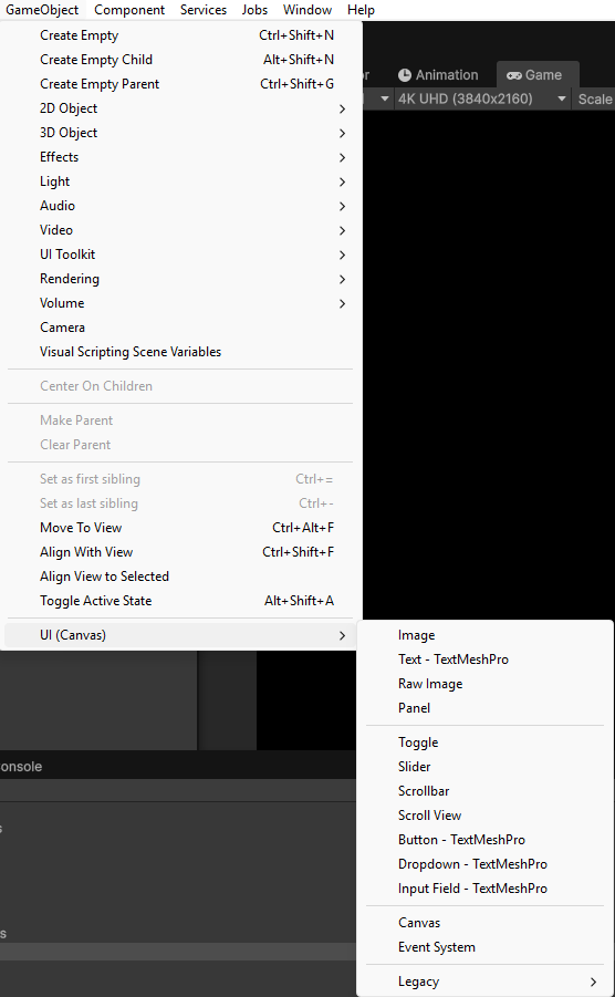 Screen shot showing the UI Game Object menu within Unity