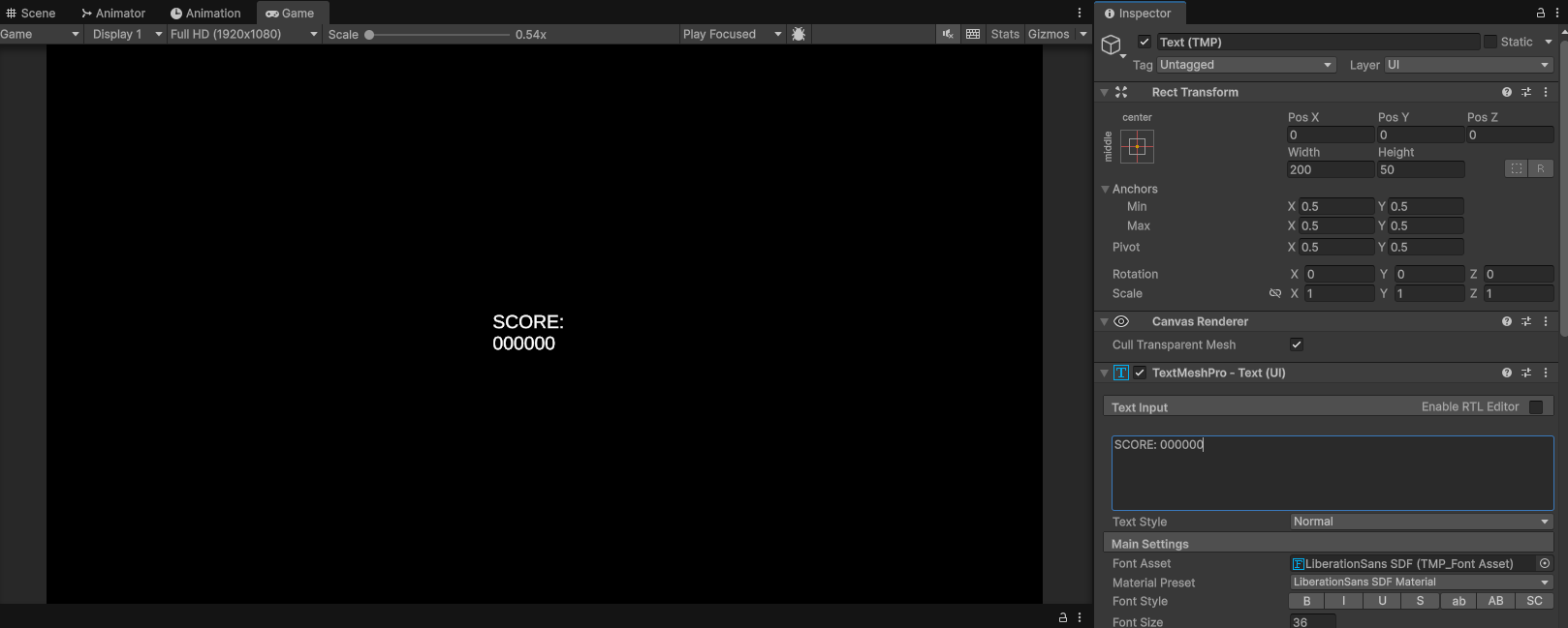 Image showing a unity interface with the game view showing the word score followed by six zeros. The image also displays the inspector window of unity interface showing that this text value is the same within the text component
