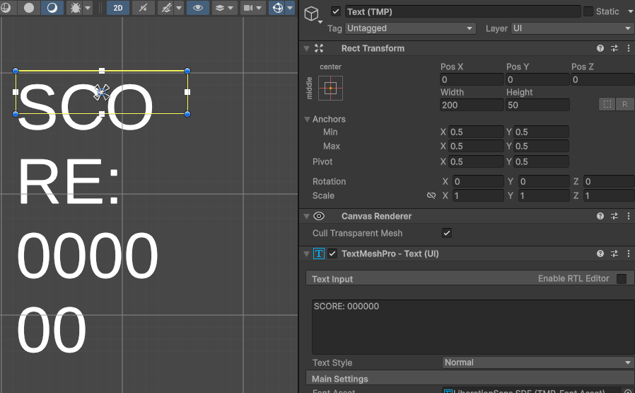 Image of unity user interface showing that the score text is 200 pixels wide
