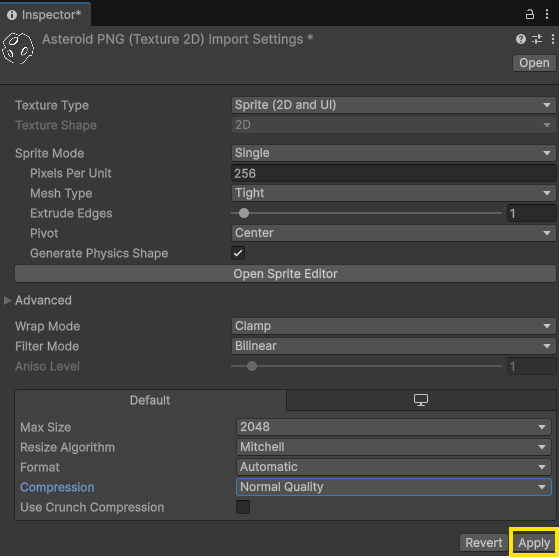 Image showing the apply button within the inspector