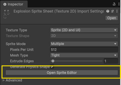 Image showing the open sprite editor highlighted