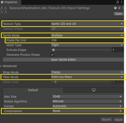 Image showing import settings