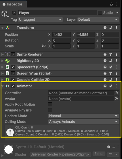 image of animator component highlighted on player prefab