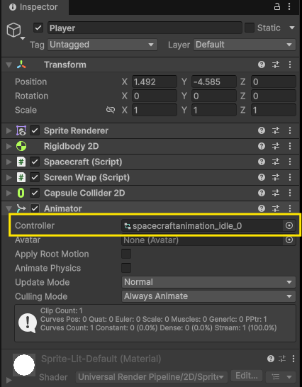 image of animator component with animator controller highlighted 