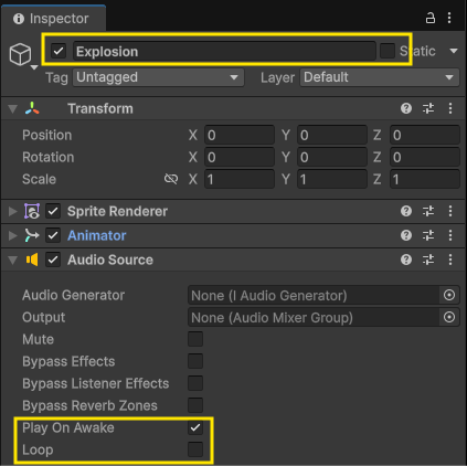 Image of explosion prefab with proper audio source settings