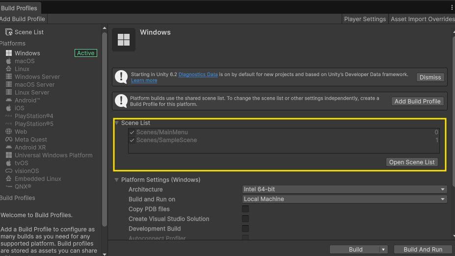 image showing build profile with the scene list highlighted