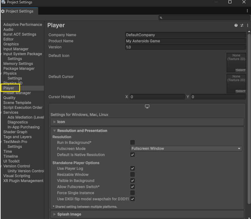 Image showing project settings
