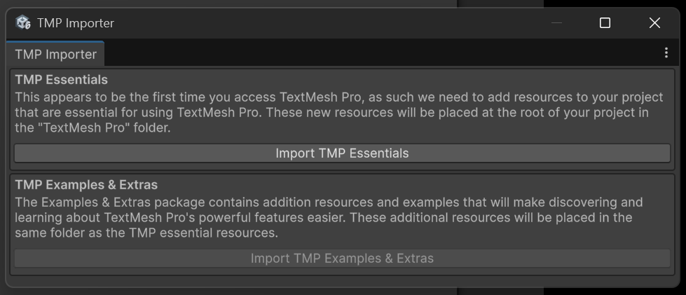 Dialog box prompting the user to import the text mesh pro essentials