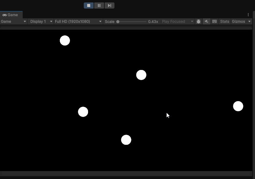 Screen recording showing a user playing and restarting a unity scene with 5 circles moving in different direction at different speeds each time the game is played