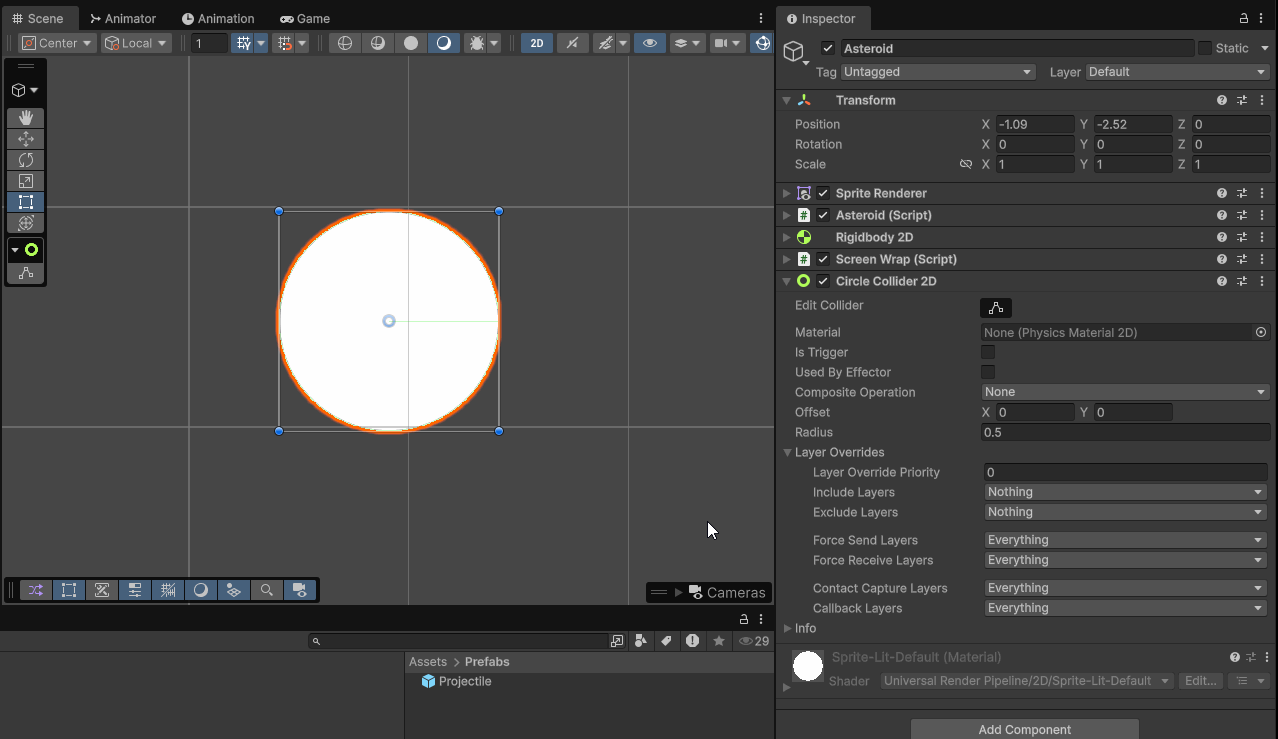 Animated gif a user showing different radius sizes of a circle 2d collider