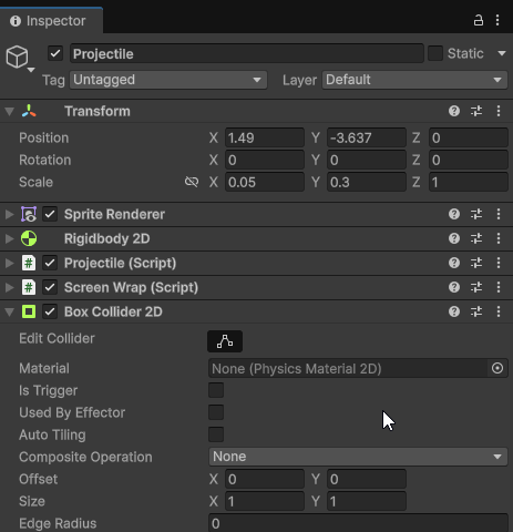 Screenshot showing a user selecting add tag on a projectile game object