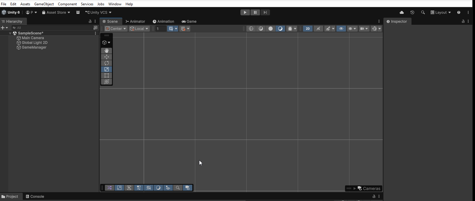 Animated gif showing a user creating a spacecraft and adding a rigidbody2D to it