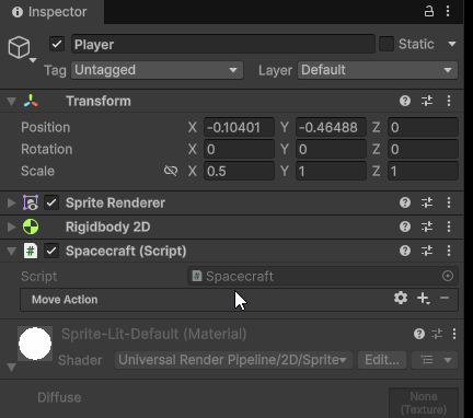 animated gif showing a user within unity adding a binding to the Move Action property